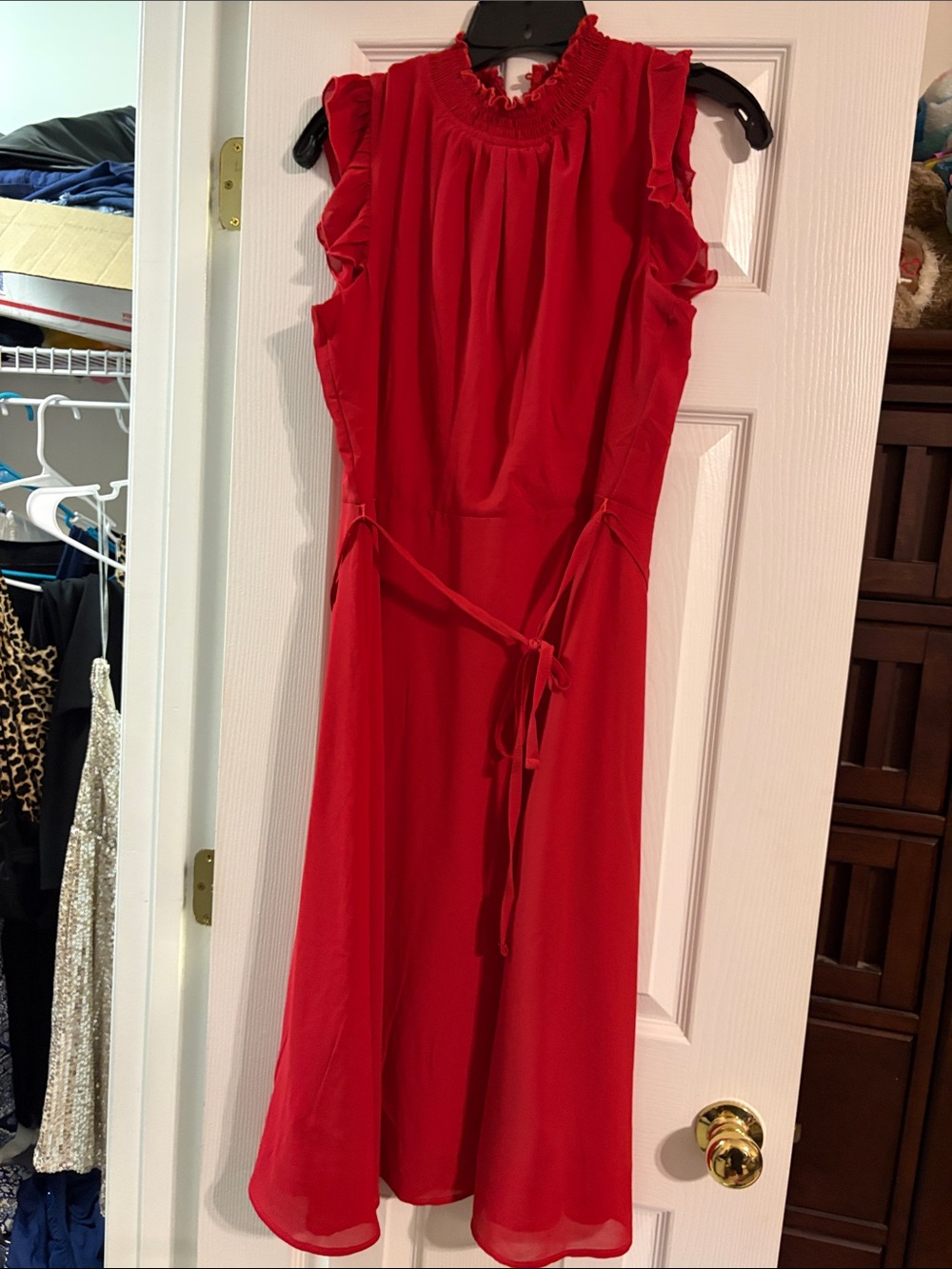 Nina Leonard Red Smocked-Neck Midi Dress with Waist Tie